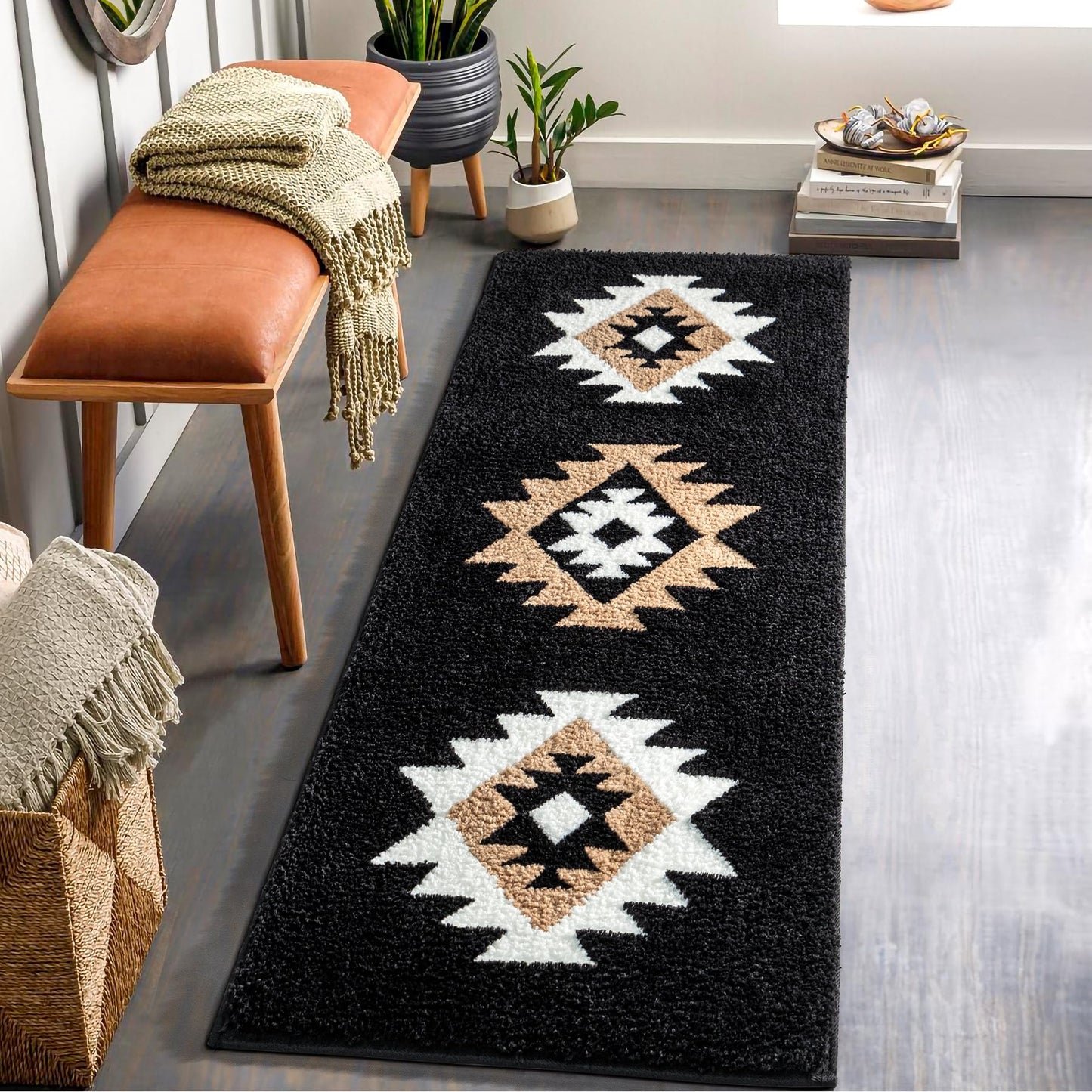 DEXDE Boho Bathroom Rugs Runner 20x47, Black Aztec Western Bath Mat Non Slip Long Luxury Large Bath Rugs Soft Absorbent Carpet for Shower Kitchen Entryway Modern