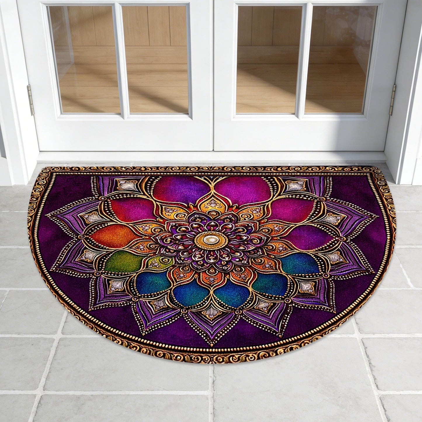 Half Circle Door Mat 24"x36" Non-Slip Washable Welcome Mat, Pinkish-Purple Datura Low Profile Front Door Mat Semicircular Entrance Doormat, Dirt Trapper Floor Mat for Indoor Outdoor Entryway Patio