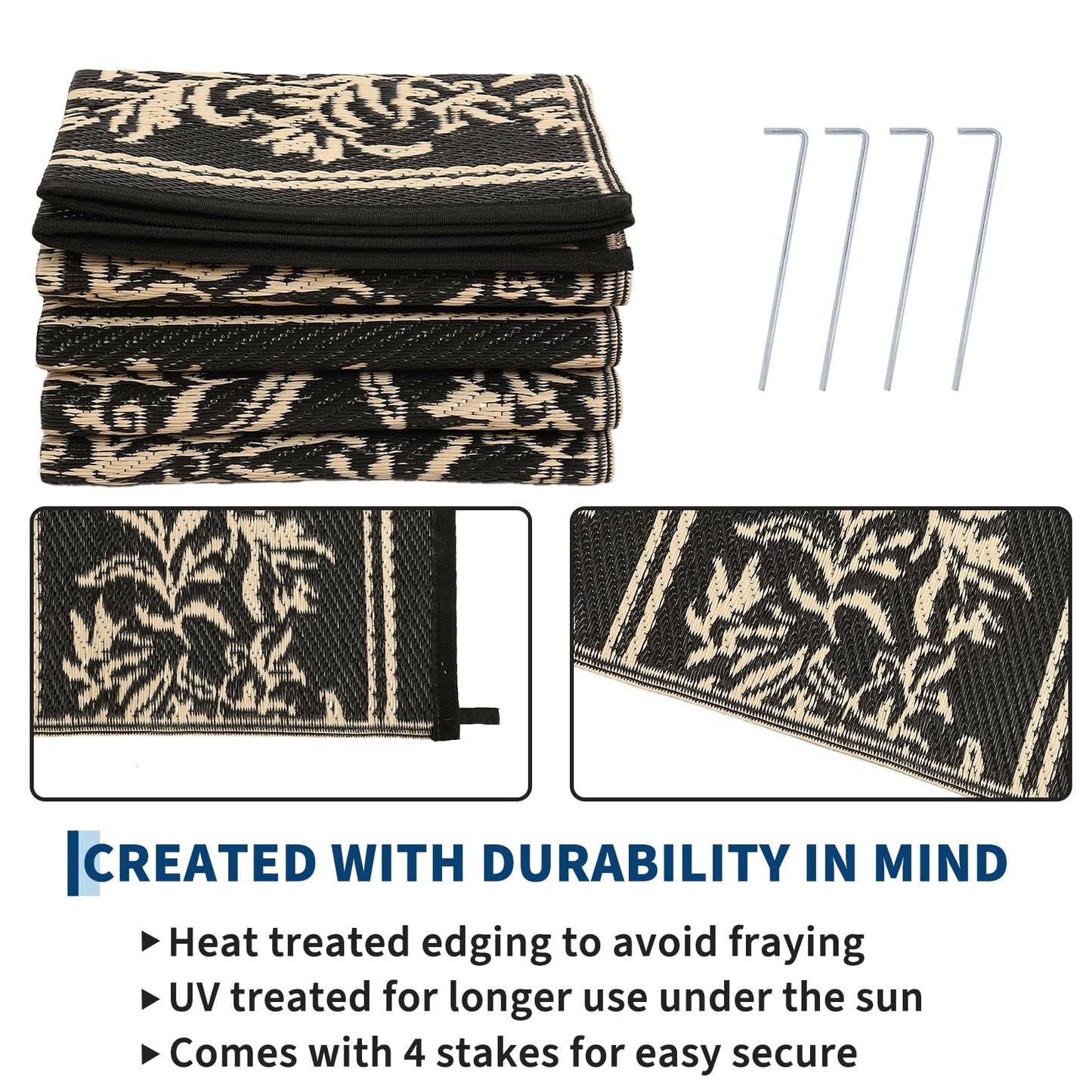 GarveeHome Outdoor Rug 9x12 Waterproof for Patio, Reversible Outdoor Plastic Straw Rug, Wallpaper Flower Indoor Outdoor Mat Carpet for RV, Camping, Deck, Backyard, Picnic, BlackCoffe