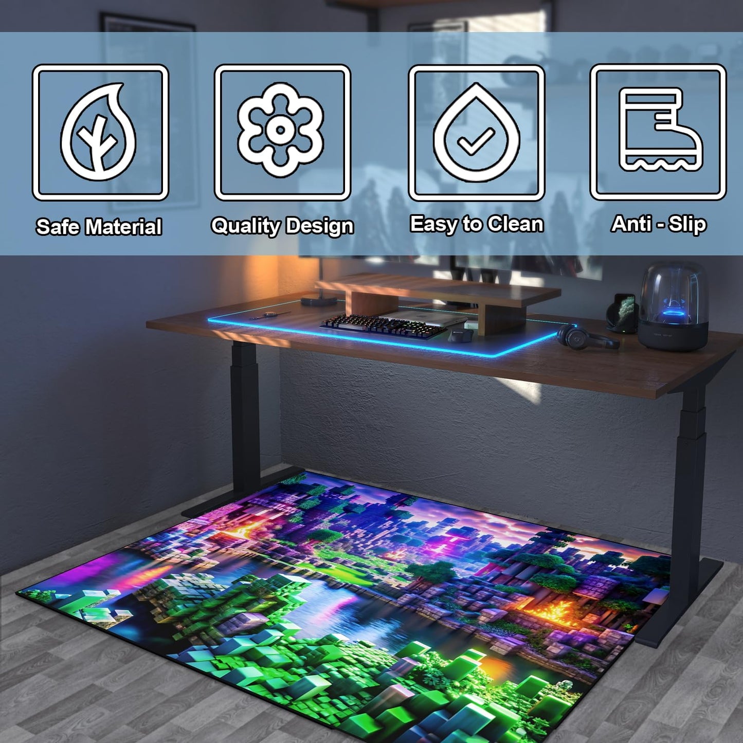 Block Game Rug Teen Kids Carpet, Pixel Games Scene Decoration Mat, Washable Cube Block Game Rugs for Boy's Bedroom Living Room Playroom, Non-Slip Children Gaming Area Rugs, Purple Field, 63" x 47"