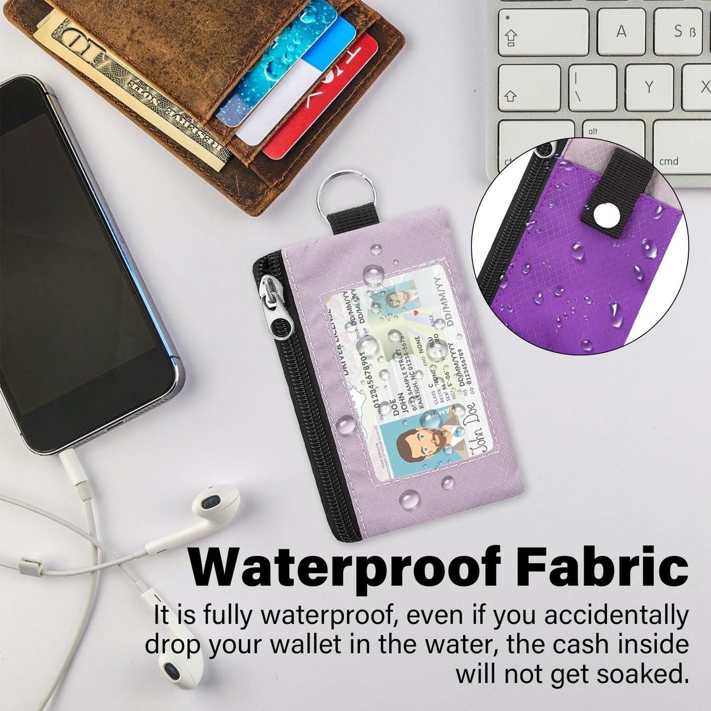 ZHOMA Minimalist RFID Blocking Wallet with Lanyard, Functional ID Case with 2 Zipper Pockets and Key Chain for Men and Women, Tactical Badge Pouch Cards Holder, Coin Purse for Travel Sports-Purple