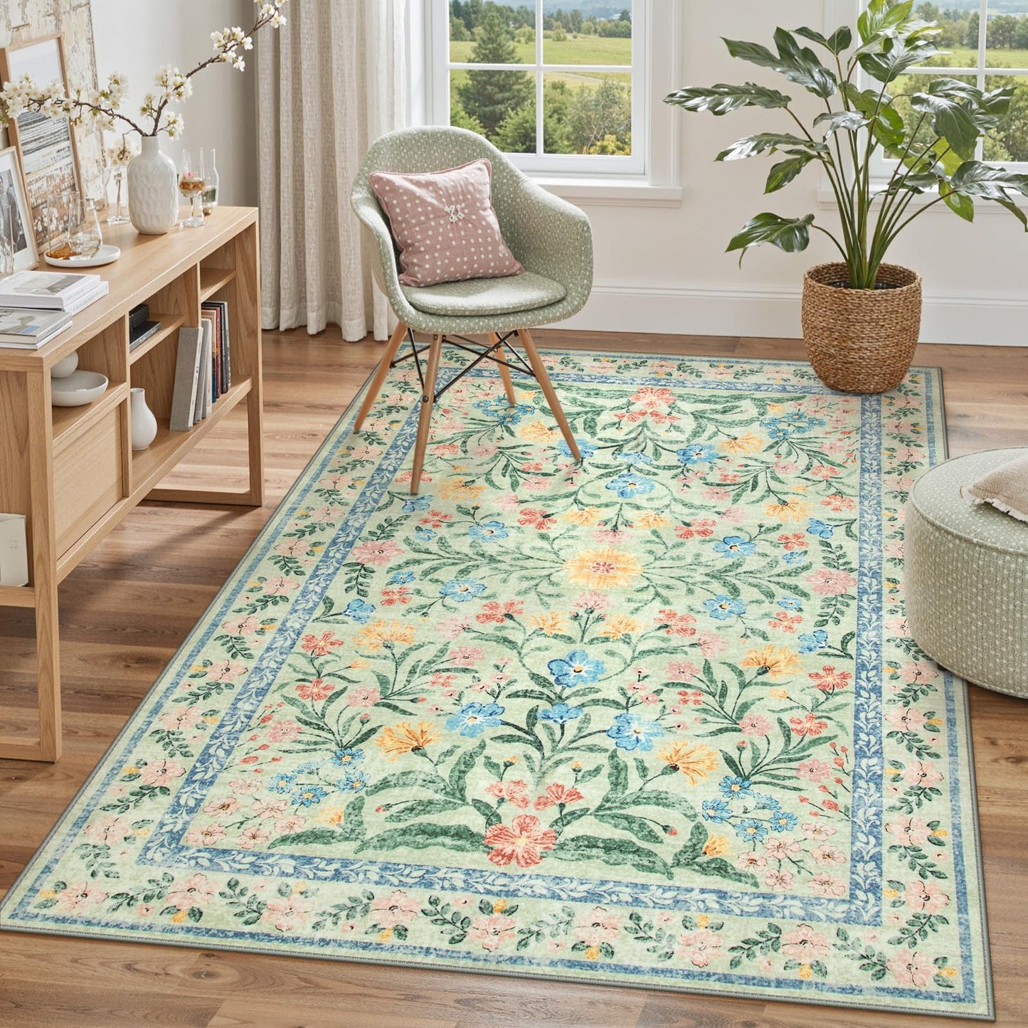 Lahome Sylvie Washable Green Rug, 5x7 Whimsical Floral Rug for Nursery, Boho Cute Bedroom Carpet for Playroom Baby Girl Nursery Classroom Decor, Green/Multi