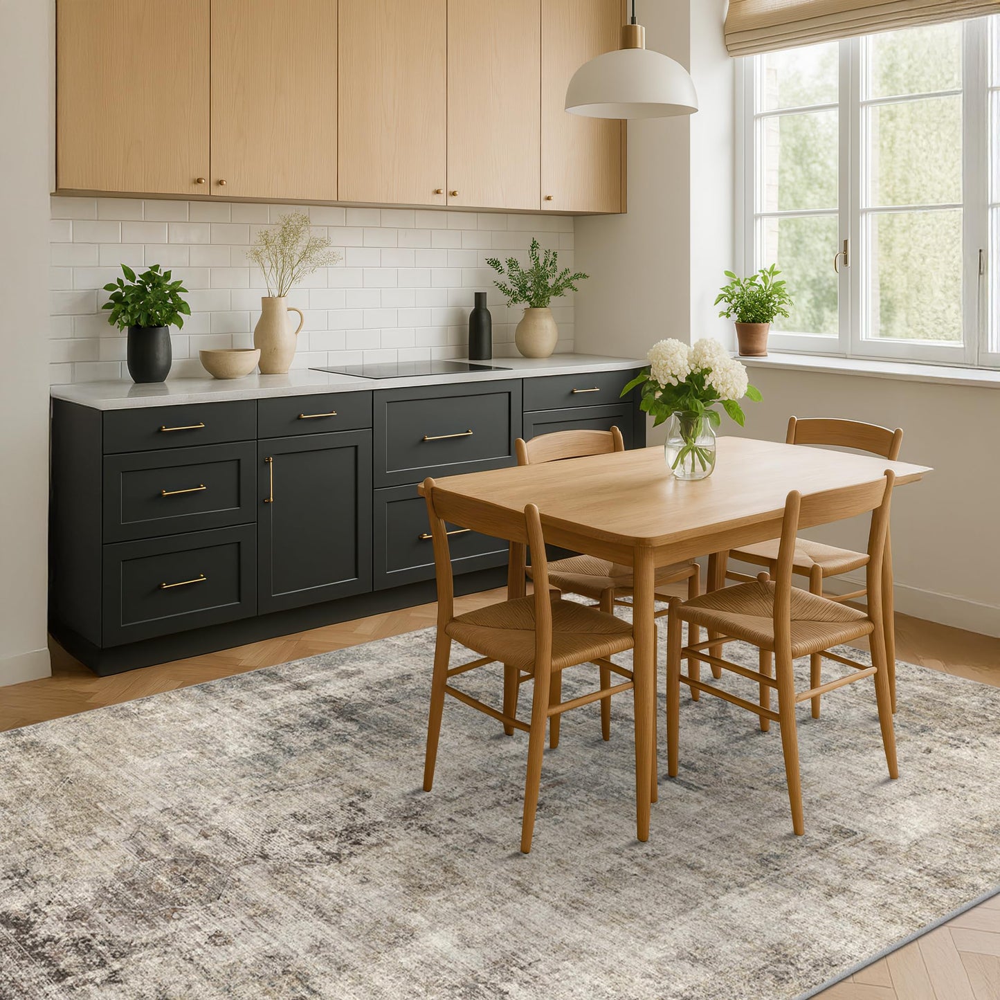 Farmhouse 8x10 Washable Area Rugs for Living Room, Neutral Taupe Brown Abstract Rug for Dining Room and Bedroom, Soft Foldable Low Pile Carpet, Stain Resistant Non-Slip Backing