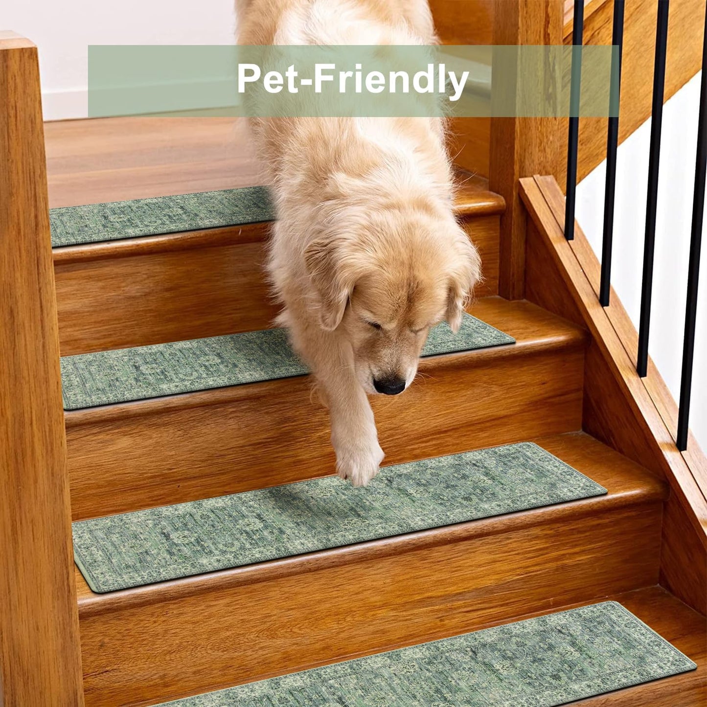 OJIA Extra Non-Slip Stair Treads for Wooden Steps, 30"X8" Indoor Stair Runners Slip Resistant Stair Rugs Safety Mats for Dogs, Kids & Elders, Rubber Backed Stair Treads Stair Covers, 15PC, Green