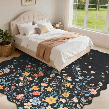 Garvee Large Rugs for Living Room 10x13 Scalloped Floral Rug Washable Rugs Stain Resistant Easy Cleaning Non Slip Floor Cover for Apartment Dining Room Office Nursery, Black