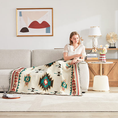 Touchat Native American Blanket Western Decor Boho Throw Blanket for Sofa, Mexican Decorative Farmhouse Blanket, Southwest Decor Woven Blankets, Aztec Throw Blankets with Tassel(Beige,50×60 inch)