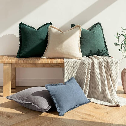 MIULEE Decorative Lumbar Throw Pillow Covers Neutral Linen Fringe Throw Pillows Set of 2 Beige Boho Farmhouse Cushion Covers with Tassels for Couch Sofa Bed Living Room Spring Home Decor 12x20 Inch