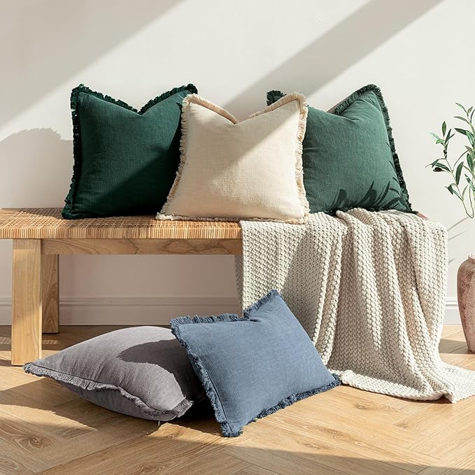 MIULEE Christmas Decorative Lumbar Throw Pillow Covers Neutral Linen Fringe Throw Pillows Set of 2 Army Green Boho Farmhouse Cushion Covers for Couch Sofa Bed Living Room Spring Home Decor 12x20 Inch