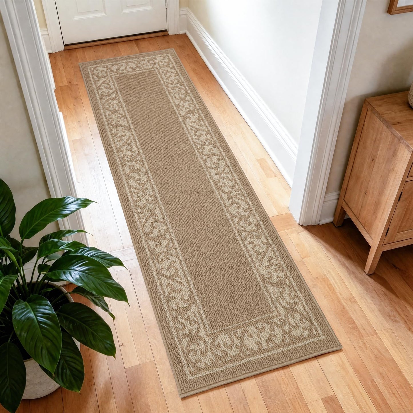 Washable Runner Rug 2x6 Ft, Non-Slip Hallway Rug with Rubber Backing, Kitchen Runner, Low Profile Indoor Carpet for Entryway, Laundry Room, Bedroom. (Border Beige, 24‘’X72'')