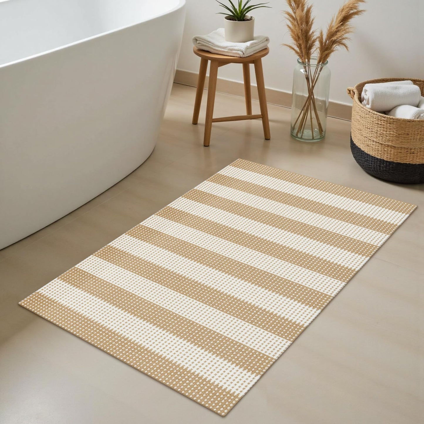 Rugalia Washable Woven Indoor Outdoor Doormat, 2x3 Khaki Cotton Striped Entryway Rug Low Pile Non-Slip Small Kitchen Rug, Modern Farmhouse Throw Carpet for Porch Bathroom Bedroom