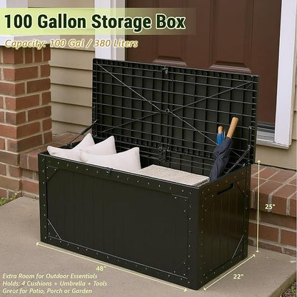 Deck Box outdoor waterpoorf, Storage Box Outdoor and Indoor for Pool Toys, Patio Cushions, Resin Storage Bin for Outside, Lockable (Black, 100 Gallon)