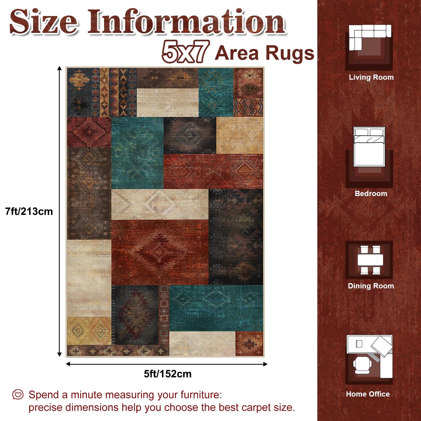 Yinhua Living Room Rug 5x7 Geometric Area Rugs for Bedroom, Washable Patchwork Rugs with Non Slip Backing, Low Pile Soft Faux Wool Rug Carpet for Dining Room Nursery Office Playroom, Colorful