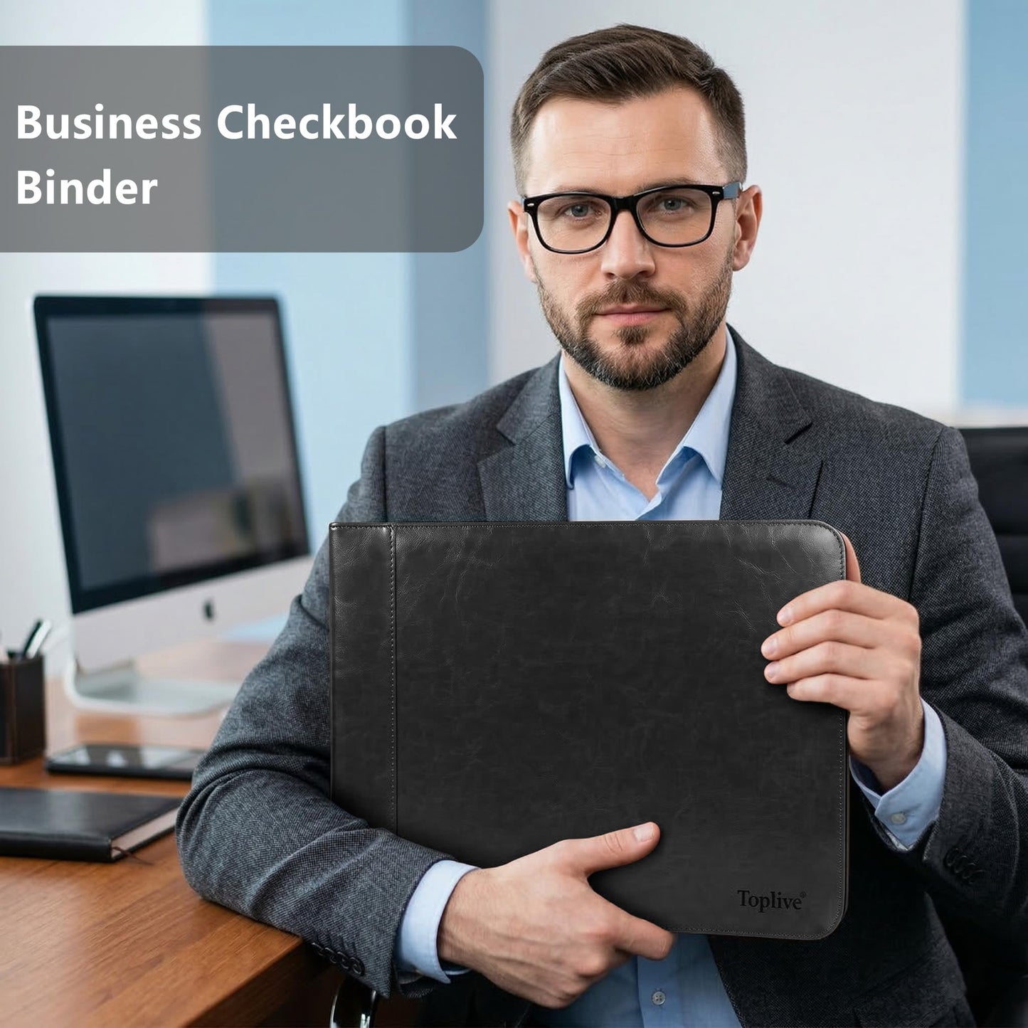 Toplive Zippered 7 Ring Business Checkbook Binder Extra-Large, 2Pack 7-Hole Pouch, 600 Checks Capacity, PU Leather Check Book Binder Cover with Multi-Pocket Design for Office & Business Use, Black