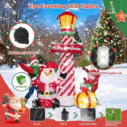 8Ft Christmas Decorations Outdoor Inflatables Giant Santa Claus Stands Under The Lighthouse with Gift Box, Blow Up Built-in LED Lights for Party Outdoor Garden Indoor Yard Lawn