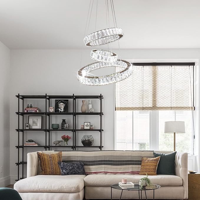 FRIXCHUR Modern LED Chandeliers Crystal Pendant Light 3 Ring Chandelier Hanging Crystal Ceiling Light Fixture Adjustable Pendant Light for Living Room Dining Room Bedroom Foyer Gold (Cool White)