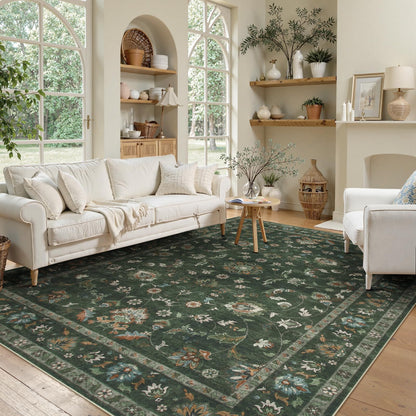 Hedlive 6' x 9' Vintage Floral Area Rug, Washable Green Living Room Rug with Non-Slip Backing, No Shedding, Stain Resistant Carpet for Bedroom Dining Room Under Table Home Office Apartment