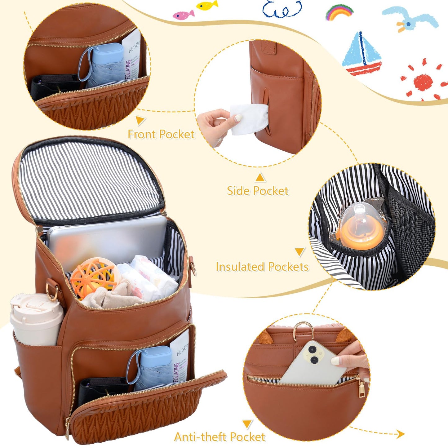 Minsong Diaper Bag Backpack, Fashion Leather Mommy Backpacks, Travel Baby Diaper Bags with in Bag Organizer and Changing Pad (Brown-stripes)