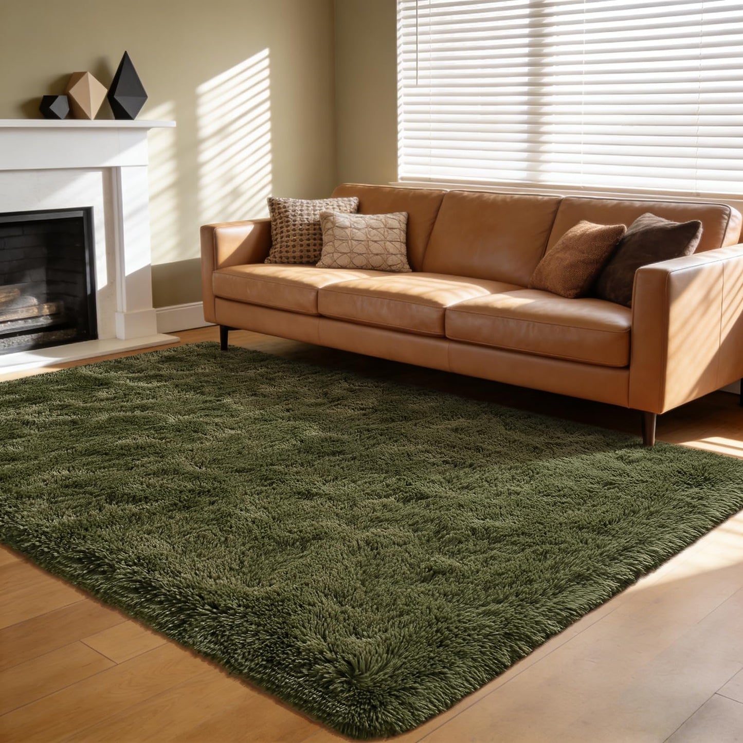 Andecor Shag Area Rug for Living Room, 5 x 8 Feet Olive Green Soft Fluffy Indoor Plush Throw Rugs for Bedroom Girls Kids Room Nursery Dorm Home Decor Carpet