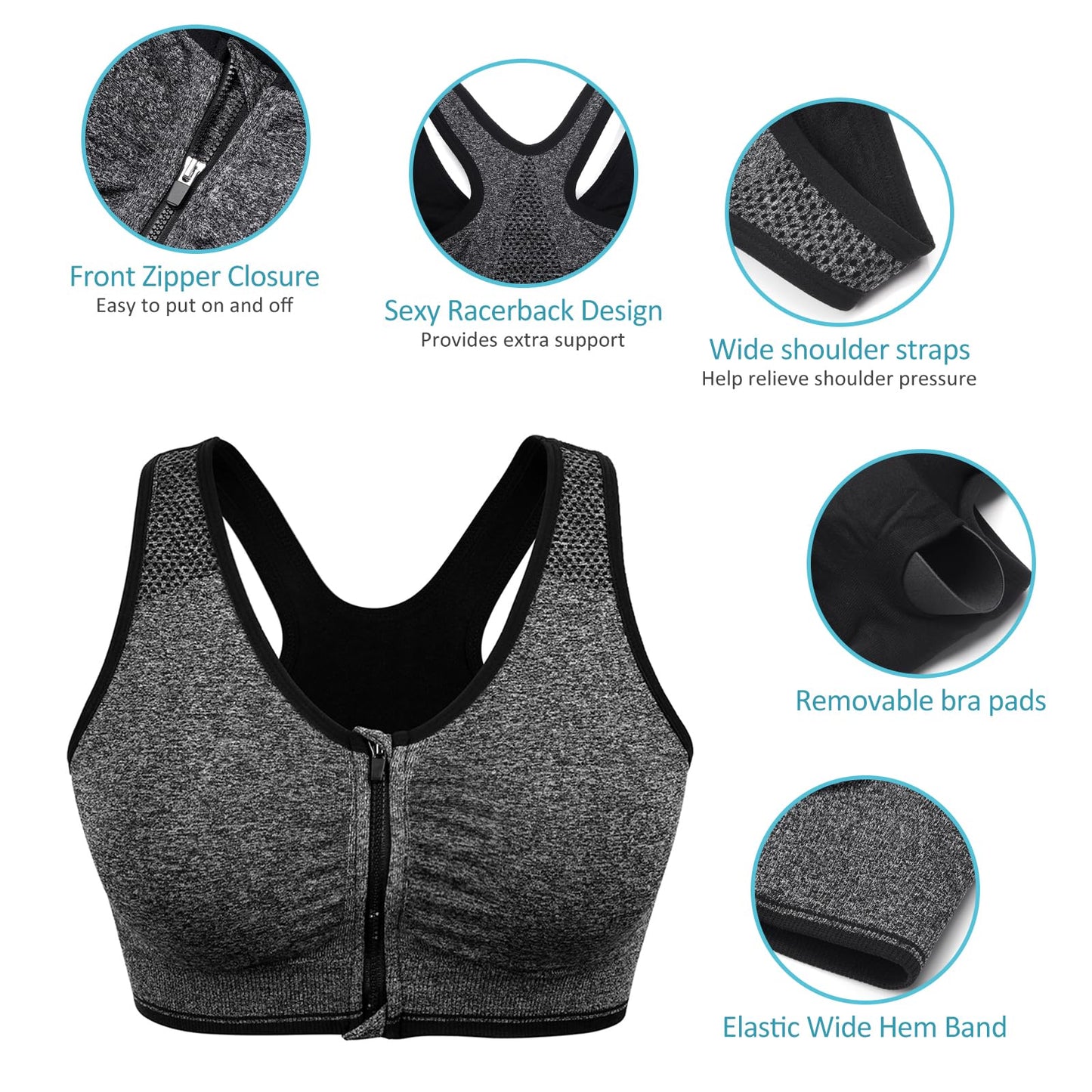 Women's Zip Front Sports Bra Wireless Post-Surgery Bra Workout Sports Bras