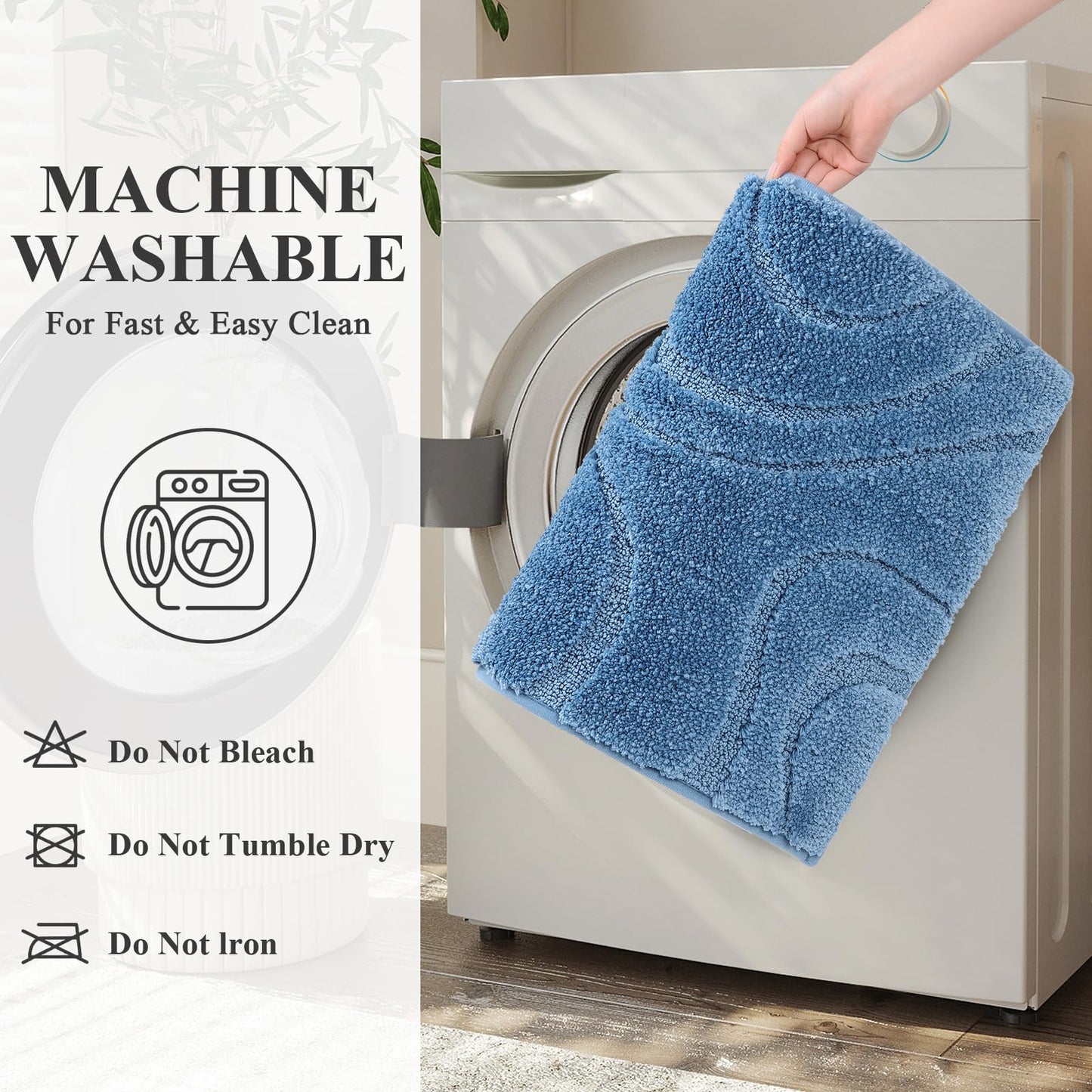 HEBE Bathroom Rugs Sets 5 Piece, Soft Absorbent Microfiber Bath Mat for Bathroom, Non Slip Washable Bath Rug Set with Toilet Cover, Bath Runner and U-Shaped Contour Toilet Rug, Blue