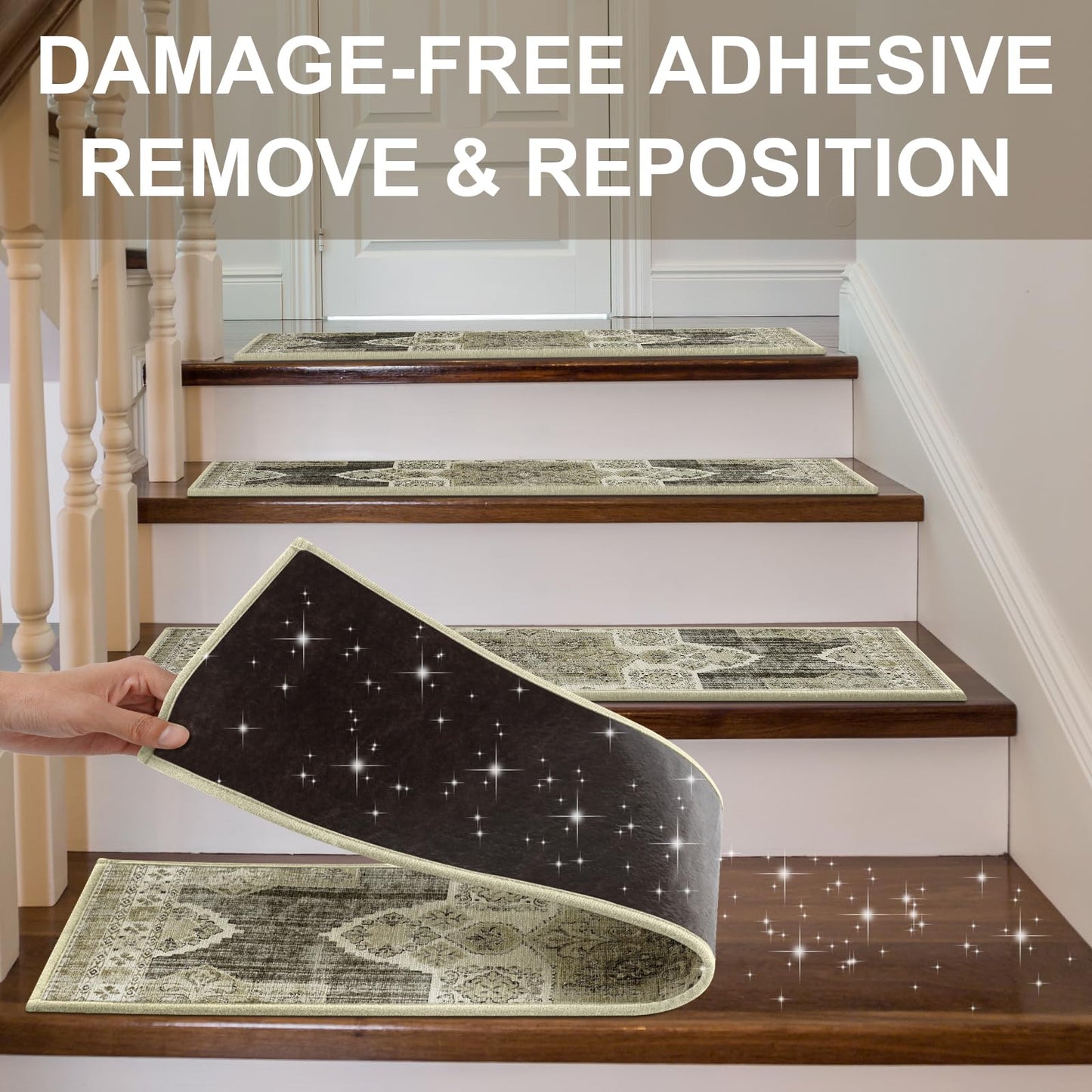 Non Slip Stair Treads for Wooden Steps Indoor, Begie, 15pcs, 30"X8", Soft Carpet Mat, Machine Washable Boho Carpet Treads with Reusable Adhesive Backing, Safety Stair Tread for Dog, Kid, Elder