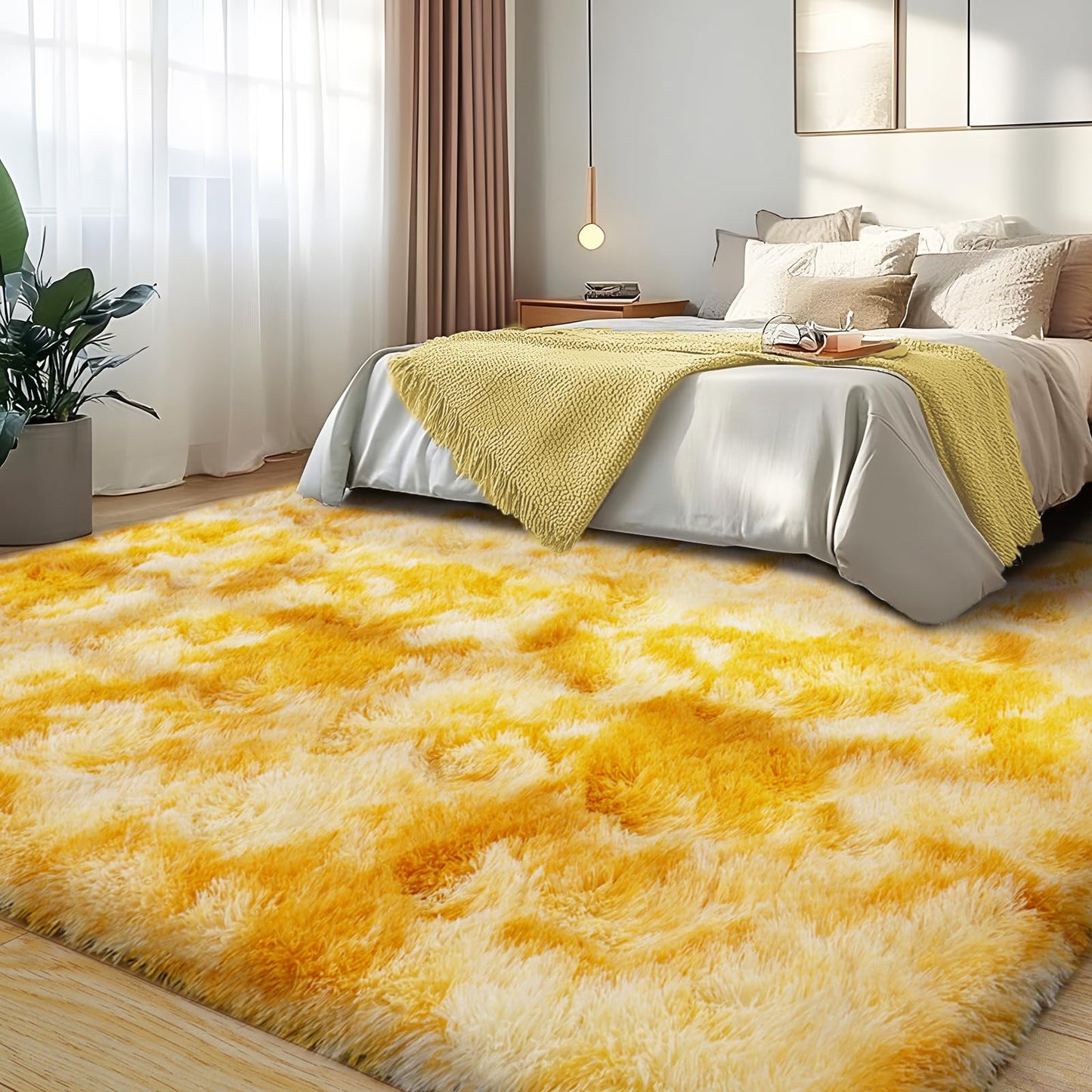 Large 8x10 Area Rugs for Living Room, Tie-Dyed Yellow Soft Shag Rug for Bedroom, Non-Slip Ultra Fluffy Rug, Modern Plush Carpet for Girls Boys Kids Room Dorm, Fuzzy Rug for Home Decor Aesthetic