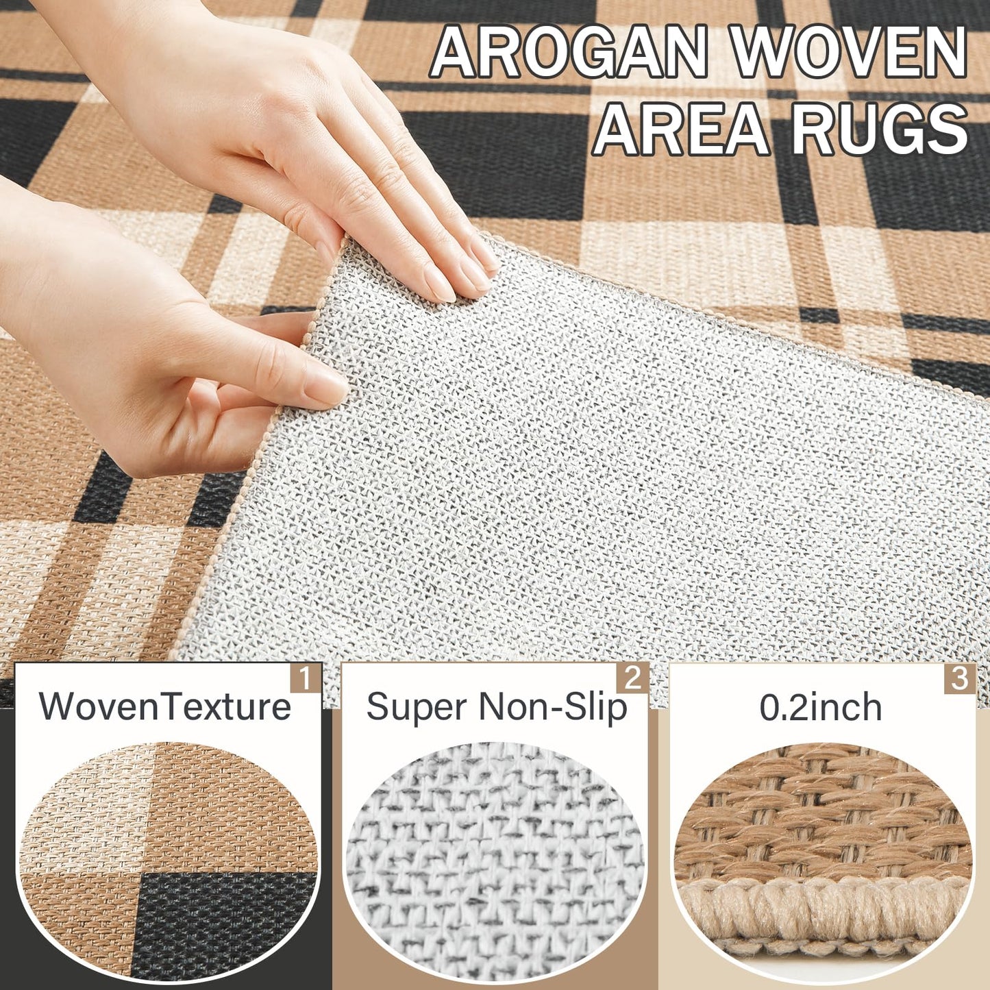 AROGAN Plaid Jute Rug 3x5, Washable Indoor Outdoor Rug, Black and Brown Checkered Farmhouse Rug, Non-Slip Low Pile Carpet for Patio, Living Room, Kitchen, Entryway