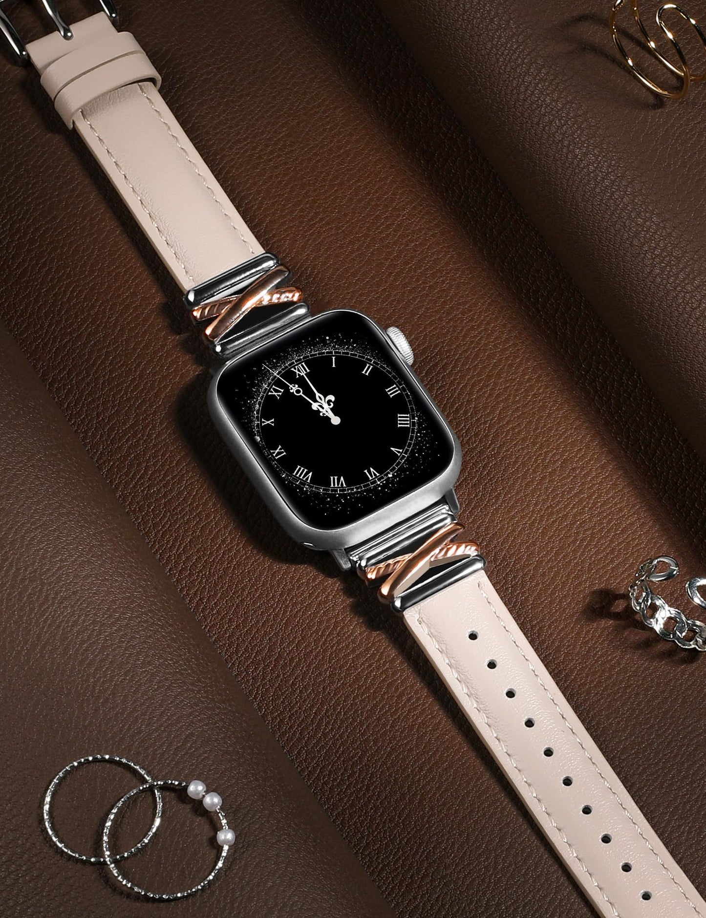 Minyee Leather Band Compatible with Apple Watch 38/40/41/42mm Women, Dressy Slim Premium Leather Strap with X-Shape Metal Buckle for iWatch Series 11 10 9 8 7 6 5 4 SE/Ultra 3 2 1, Rose Gold/Sliver