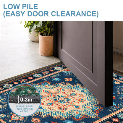 Navy Blue Coral Tribal 2x3 Entry Rug,Washable Small Rugs for Entryway Kitchen Bathroom Door Mat Indoor Entrance,Non Slip Rubber Backing,Stain & Fade Resistant,Bohemian Southwestern Decor