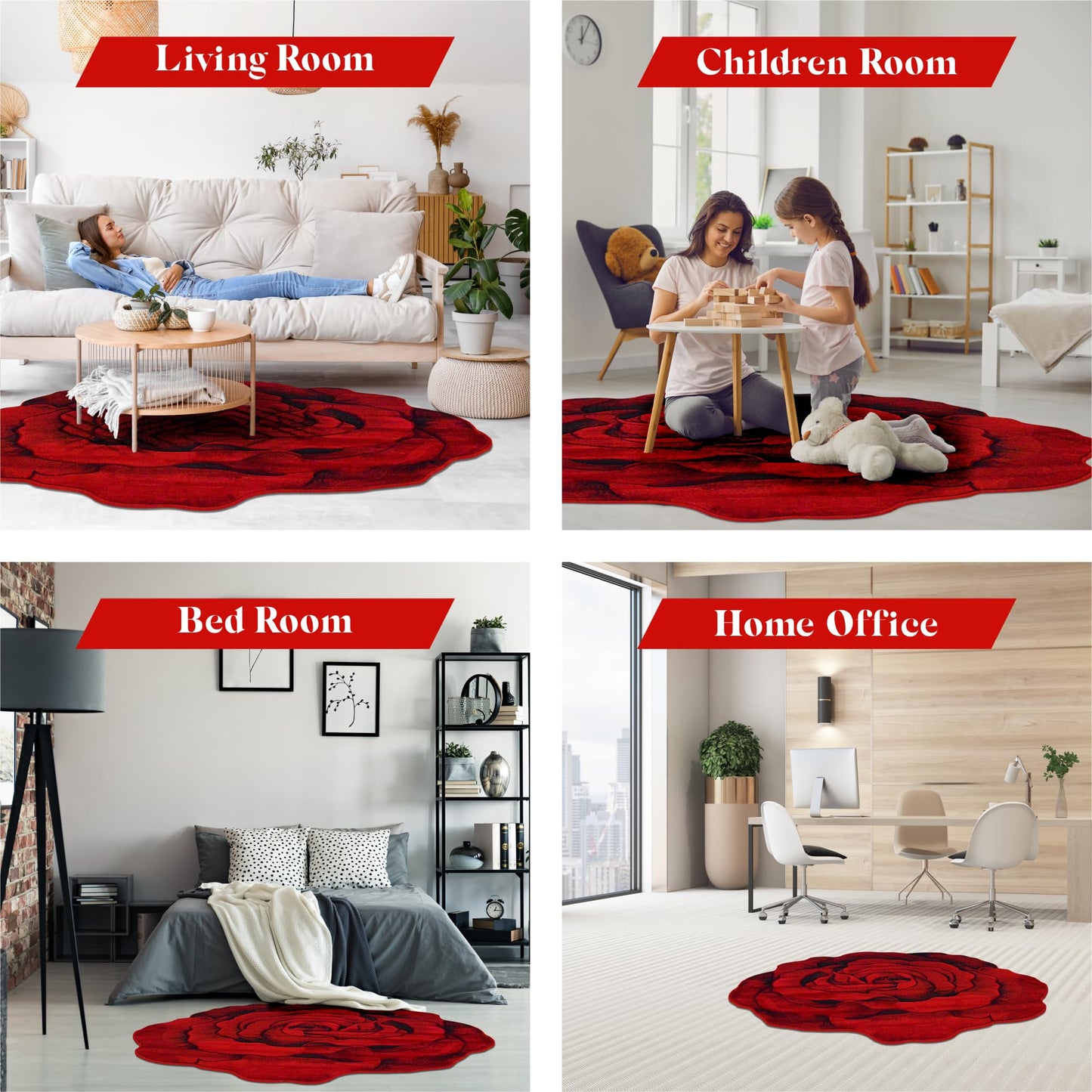 Rose Rug 5ft Round Area Rugs Cute Plush Flower Shaped Rug Circle Girly for Bedroom Floor Living Room Carpet 304 Red