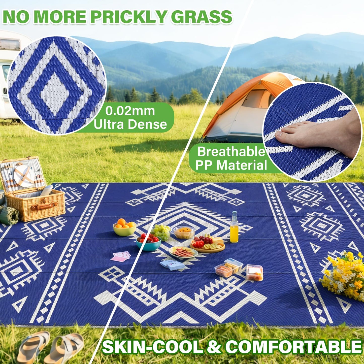 GOTGELIF 9x18 ft RV Camping Rug Waterproof, Large Reversible Bohemian Outdoor Plastic Straw Mat with Carry Bag, 4 Stakes & Seam, UV-Resistant Portable Carpet for Patio Pool Beach Deck (Blue & White)