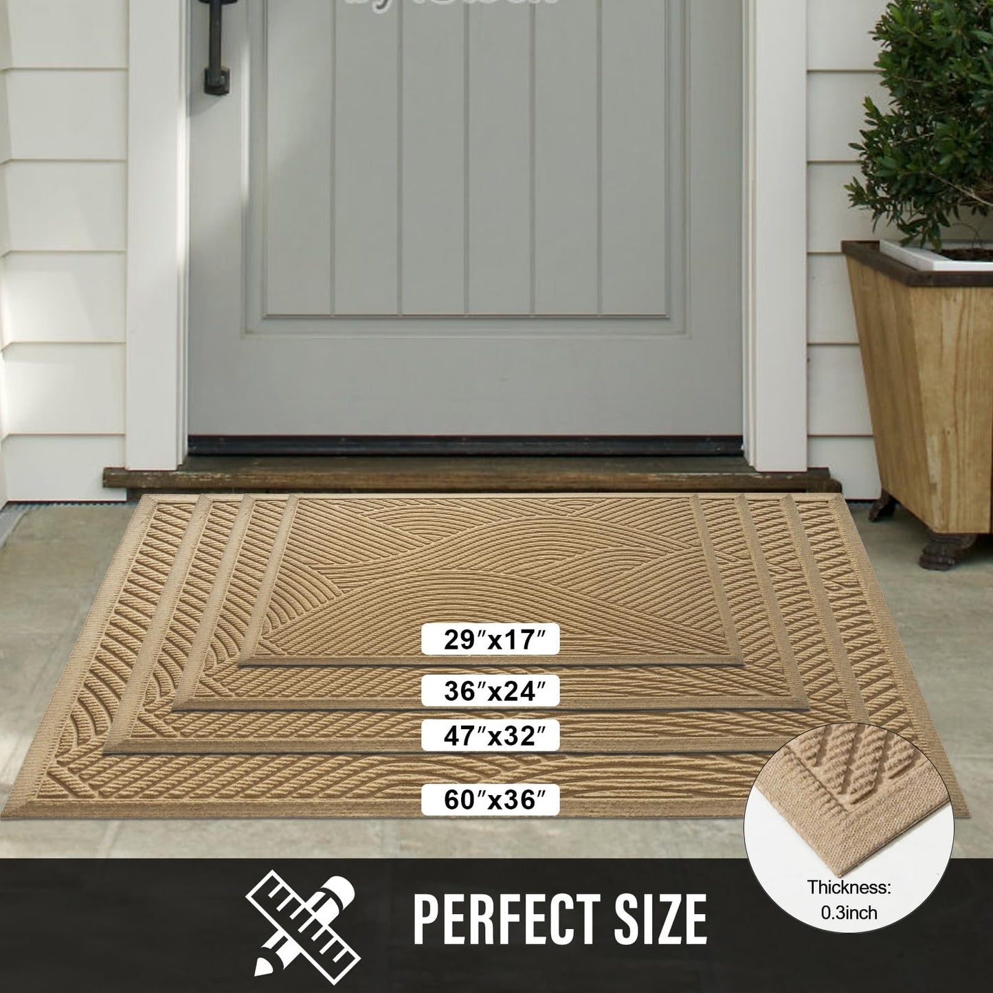 HIYARD Sturdy Front Door Mat, Absorbent Muddy Dirt Resist Welcome Door Mats Outdoor Indoor, Stain and Fade Resistant, Non-Slip Backing Entry Mat Low Profile Doormat for Entryway, 60×36, Beige