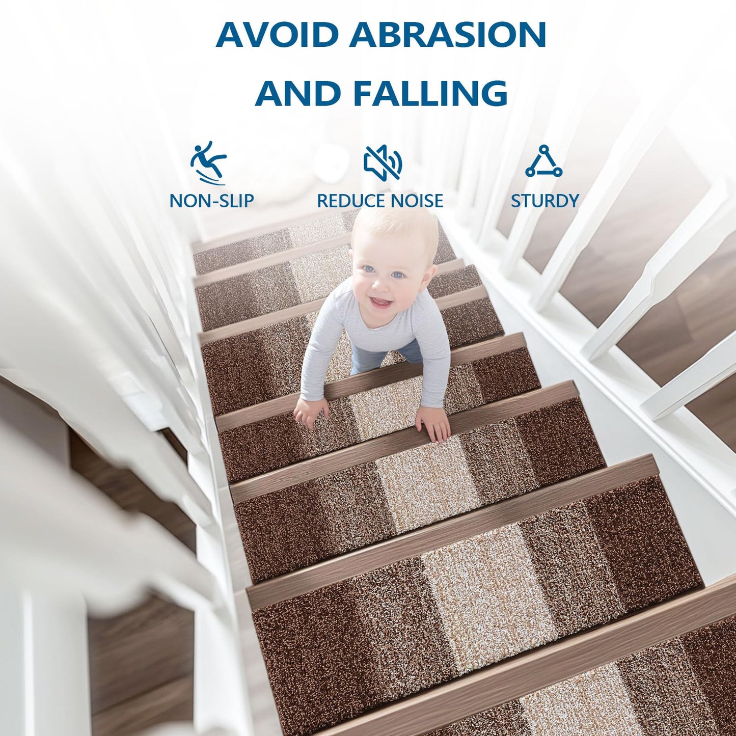 OLANLY Stair Treads Non Slip 4PCS, 8" x 30" Indoor Stair Runners for Wooden Steps, Edging Stair Rugs with Reusable Peel and Stick Adhesive for Kids Elders and Pets, Brown
