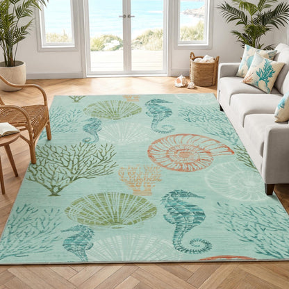 Tribesigns Boho Coastal 8x10 Area Rugs for Living Room, Soft Large Washable Bedroom Rugs 8x10, Indoor Dining Room Printed Carpet for Ocean Beach Nursery Dorm Office Decor, Green/Coral