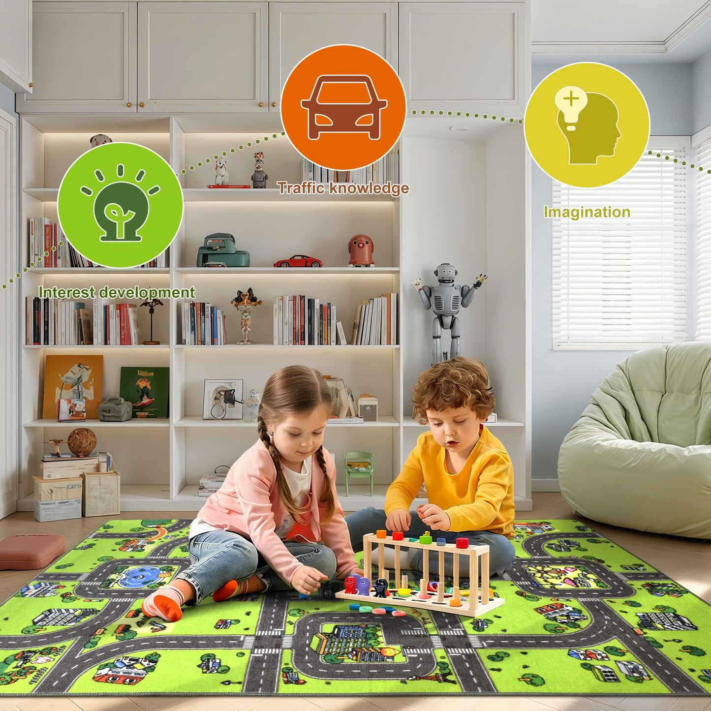Terrug Kids Rug for Playroom, Non-Slip Washable Educational City Map for Classroom, Town Road Playmat Carpet for Bedroom Learning, 3x5 Feet