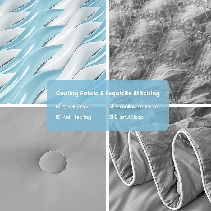 Cozy Bliss Cooling Comforter King Size Seersucker Plaid, Q-Max 0.4 Reversible Lightweight Cooling Blanket, Breathable Silk Smooth Summer Bedding Quilt for Hot Sleepers Night Sweats Dark Grey