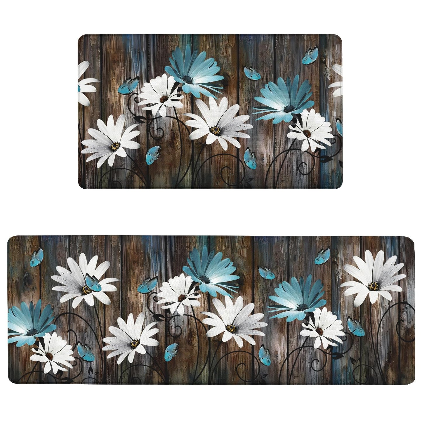 Anti Fatigue Farmhouse Kitchen Rugs Set of 2,Daisy Floral Kitchen Mats For Floor,Rustic Kitchen Decor, Anti-slip and Anti-Fatigue Foam Standing Mat,17x30 inch Sink Mat+17x47 inch Runner Rug Gray