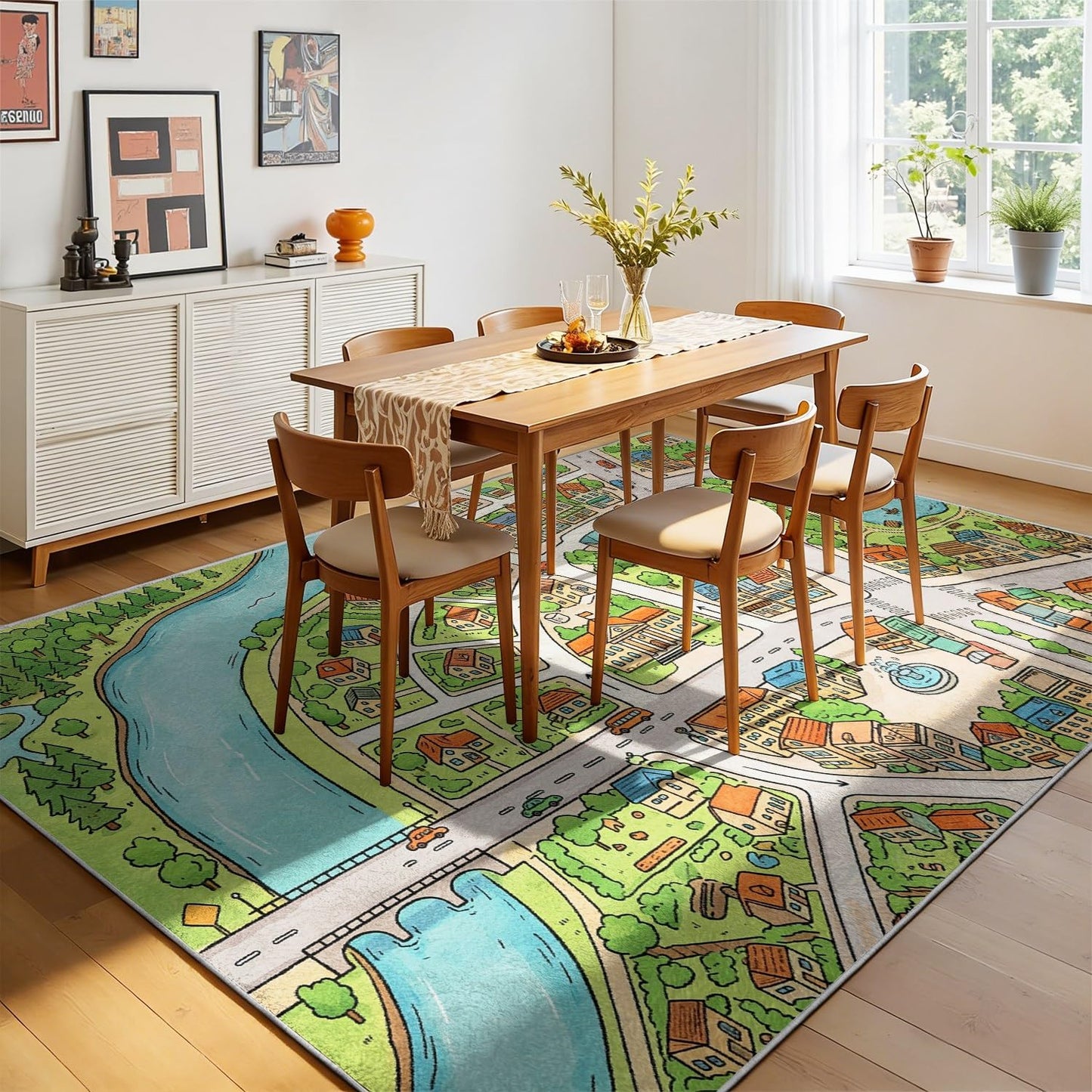 City Road Map Area Rug, 5x8ft, Educational Town Life Traffic Map Floor Carpet for Boys and Girls Bedroom, Fun Learning Play Mat, Machine Washable Low Pile Comfy Soft Rug for Living Room
