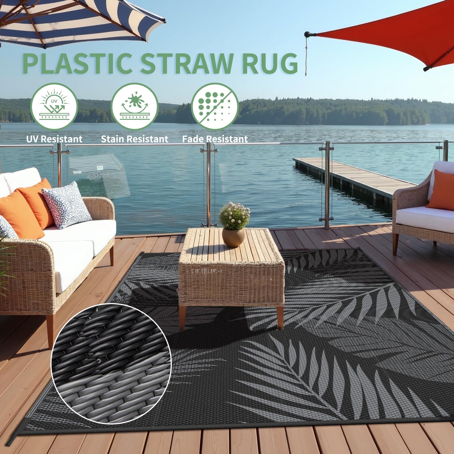sarben Outdoor Rug 5' x 8' Waterproof for Patios Clearance, Reversible Plastic Straw Indoor Outdoor Rug for RV, Picnic, Backyard, Deck, Balcony, Porch, Beach, Black and Grey