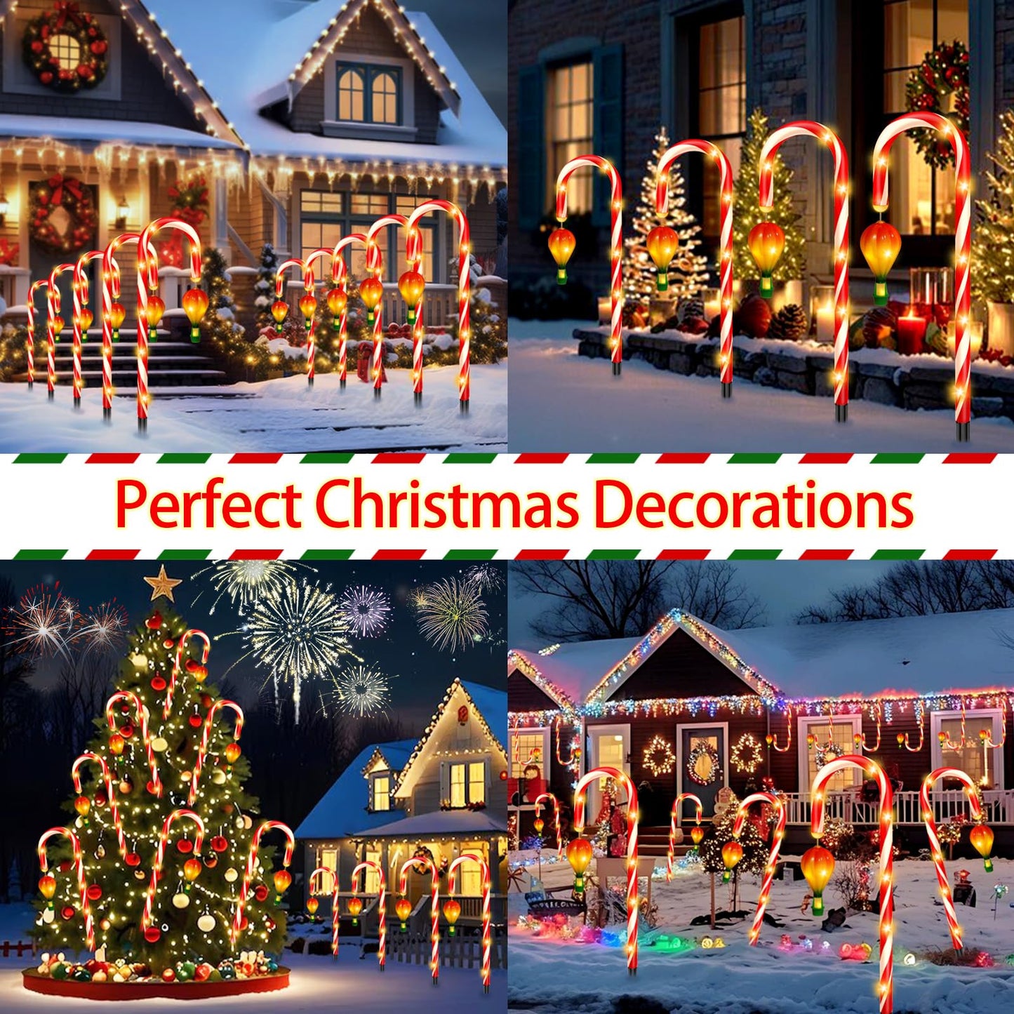 12 Pack Outdoor Solar Christmas Decorations, 180 Bright LED Solar Candy Cane Christmas Lights 8 Lighting Modes, Waterproof Outside Xmas Decorations with Lantern Decor Lights for Pathway Yard Garden