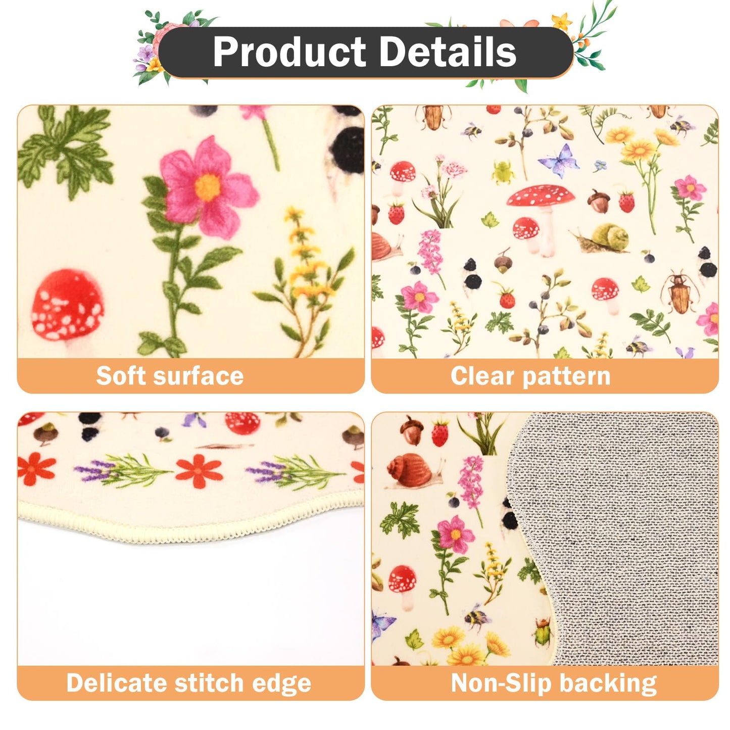 PCSWEET HOME Mushroom Kitchen Rug Set of 3 Scalloped Butterfly Flower Kitchen Rugs and Mats Non-Slip Washable Comfort Standing Mat for Laundry Room, Bar, Office 20 "x32+20 "x47+20 "x59