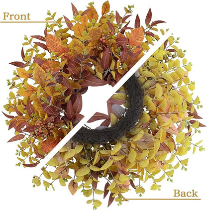 Fall Wreaths for Front Door 24 Inch Large Artificial Autumn Wreath with Eucalyptus Leaves Harvest Thanksgiving Indoor Outdoor Decor Porch Window Wall Farmhouse Rustic Hanging Door Decorations