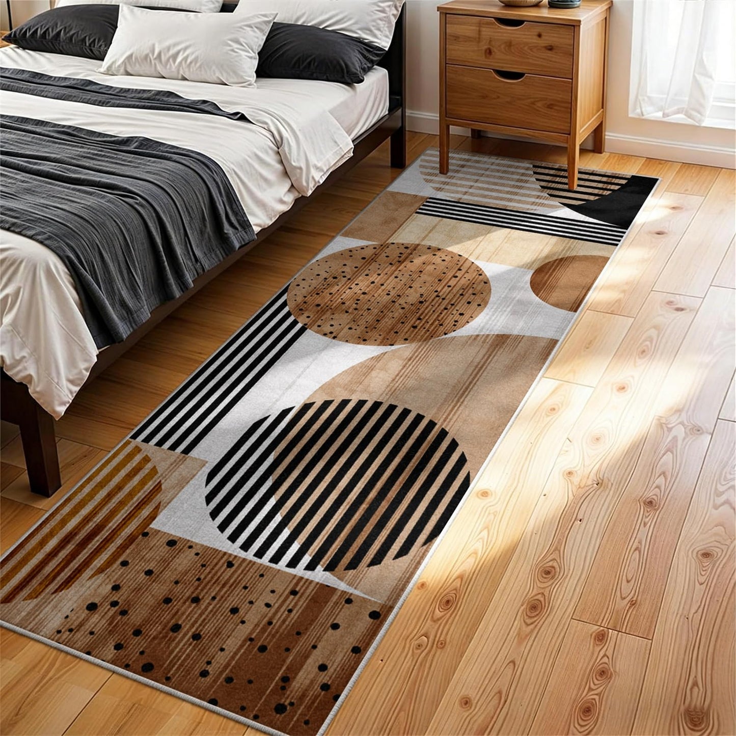 Modern Abstract Geometric Runner Rug 3.3x7ft,Mid Century Circles and Stripes Hallway Carpet, Luxury Earth Tone Long Floor Mat, Machine Washable Non-Slip Entryway Rug for Living Room, Bedroom