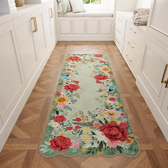 Kitchen Rug Runners for Hallways: 2x6 Washable Runner Rugs for Kitchen Ultra Thin Stain Resistant Non Slip Low Pile Lightweight Floral Carpet for Laundry Room, Bedside Decor (Light Green)