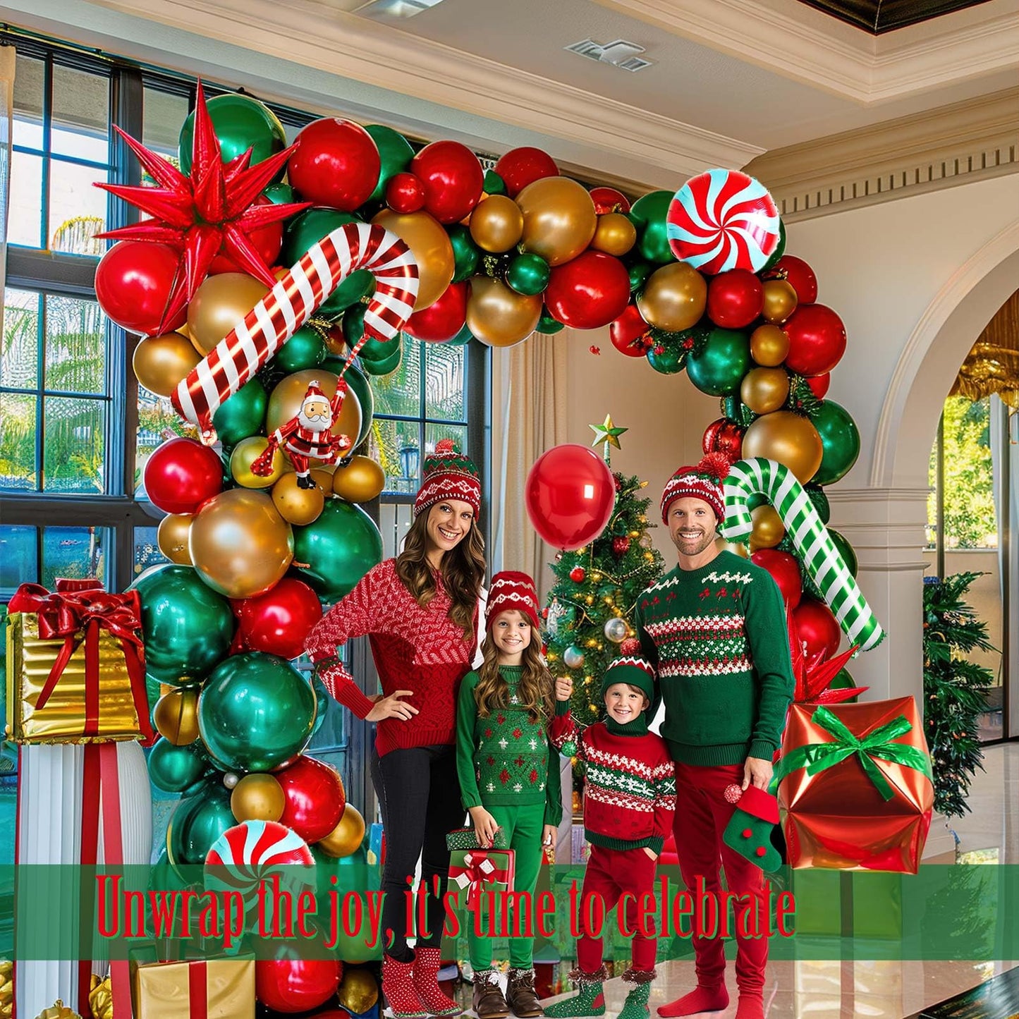 Christmas party decorations with Hunter Green Red Gold Balloon Garland Arch & Xmas Tree Santa Candy Cane Star lollipop gift box ribbons foil Balloons for friendsmas New Year's Eve Decorations