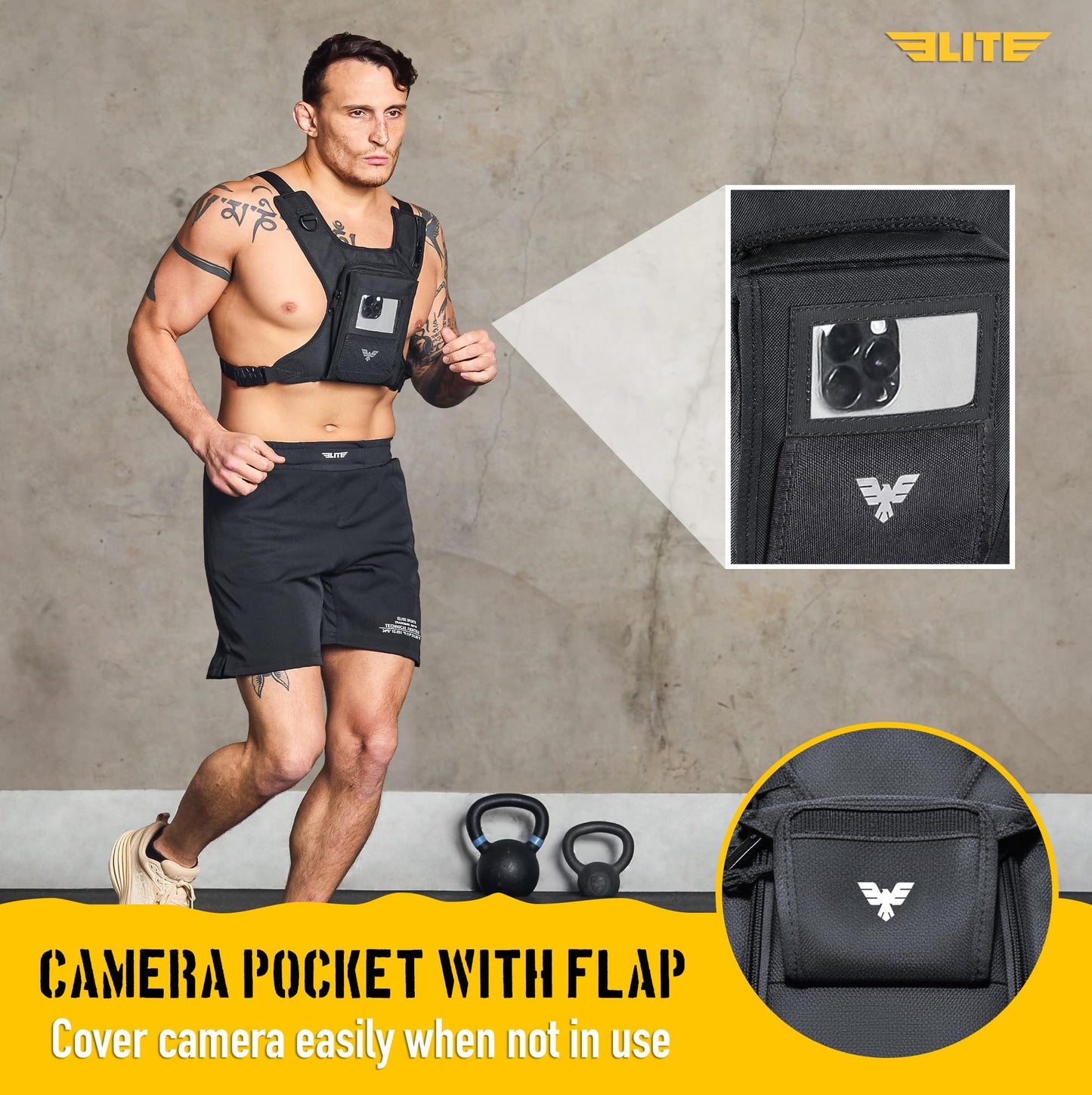 Elite Sports Running Vest w/Phone Holder for Men/Women, Reflective Lightweight Chest Pack w/Touch Friendly Phone Sleeve, Camera Pocket - Chest Rig for Hiking, Trail, Marathon, Camping