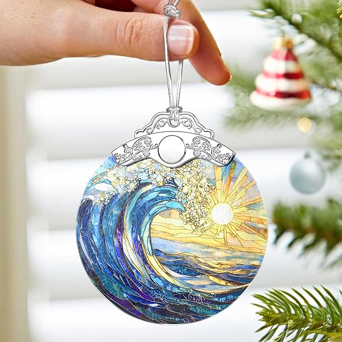 Sea Wave Ornament – Christmas Decoration & Christmas Ornament; Stained Glass Holiday Decoration (Holiday Present, Bauble Present, Gift Idea, Gift Exchange) | Heirloom Keepsakes