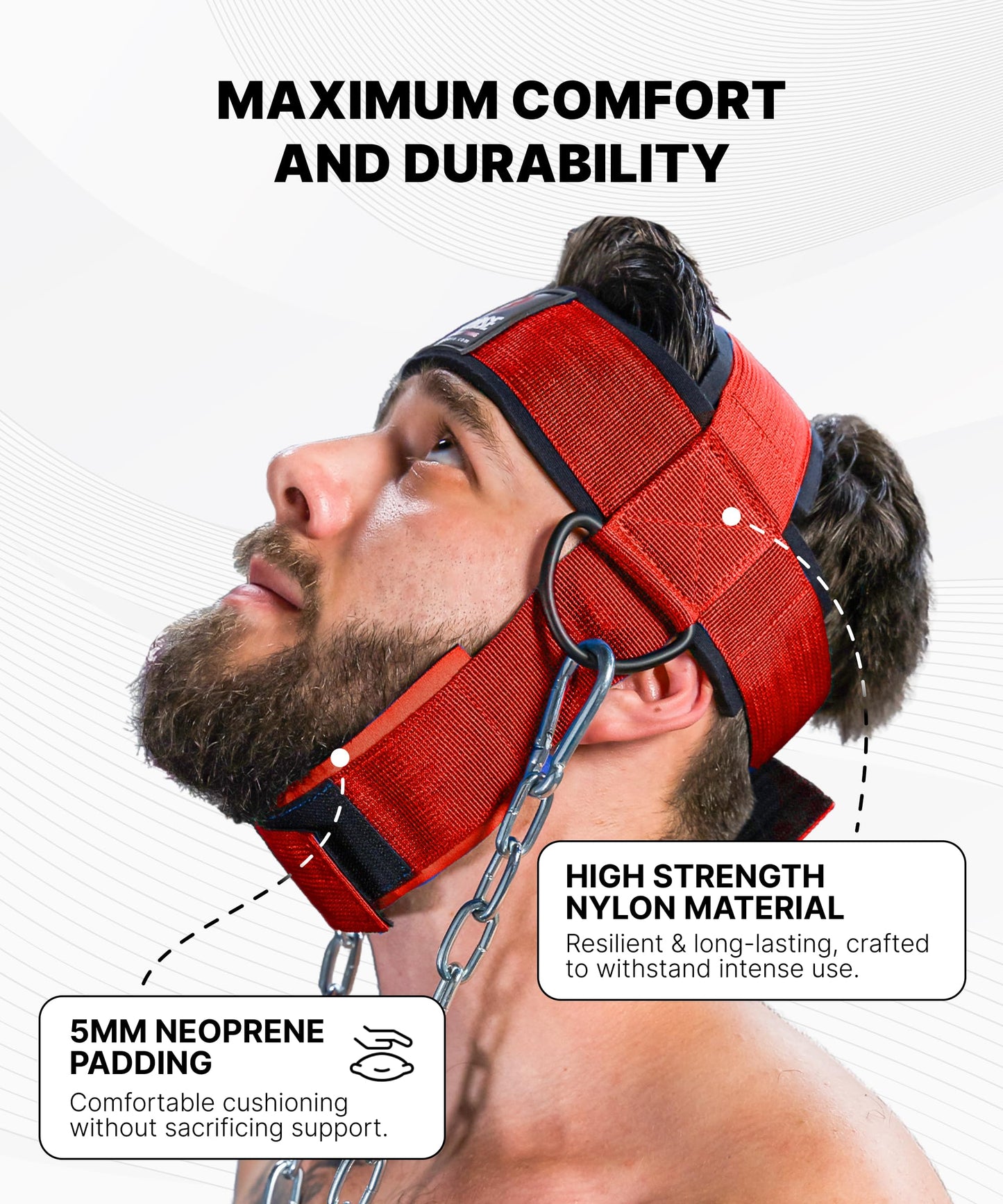 DMoose Fitness Neck Harness for Weight Lifting - Soft Padded Head & Chin Strap with 30" Heavy Duty Steel Chain - Neck Exerciser, Trainer & Strengthener to Support Injury Recovery (Red)