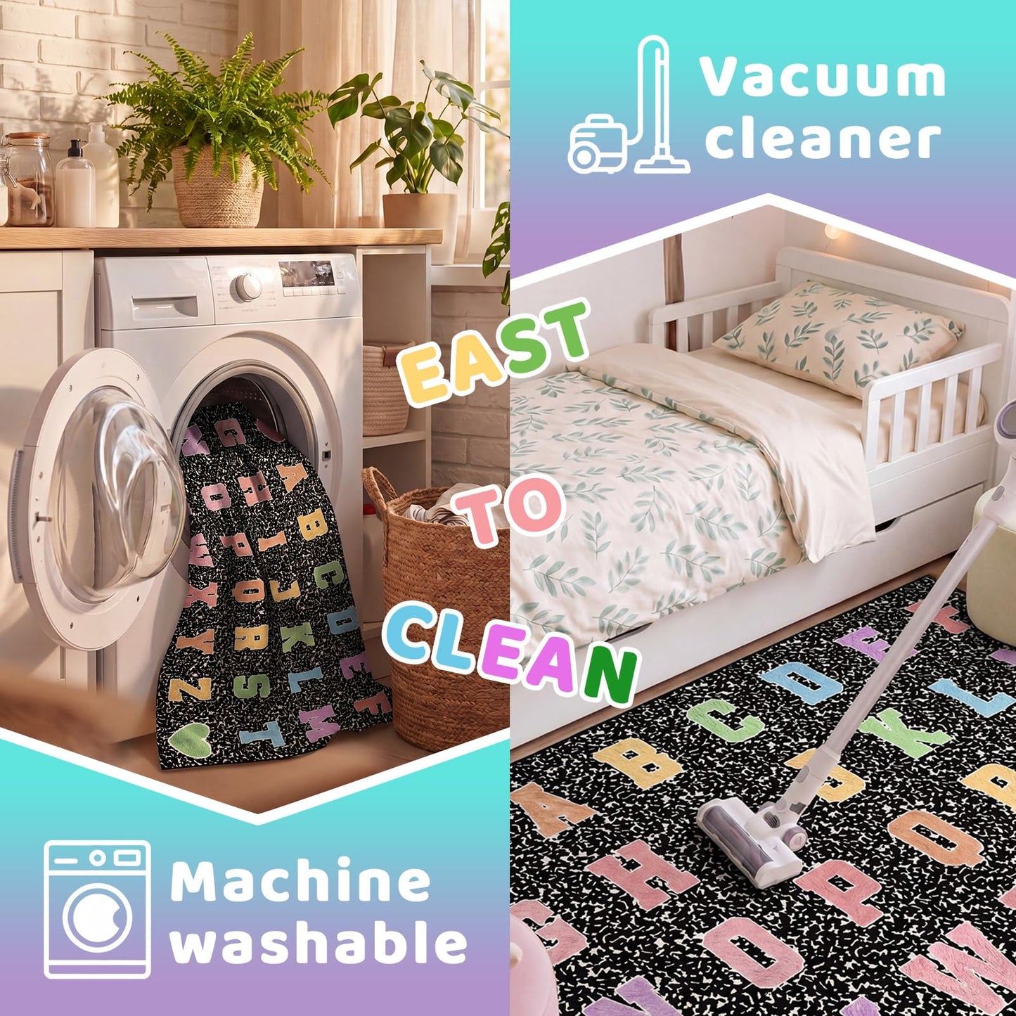 Dunzy 4.92 x 7.55 ft Classroom Rug Composition Notebook Alphabet Rug Pastel Back to School Reading Calming Corner Decor Composition Carpet for Teaching and Playroom
