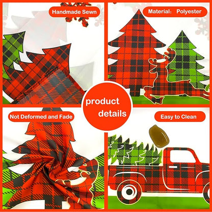 pinkblume 4.3x9Ft Christmas Tablecloth Rectangle Buffalo Plaid Xmas Tree Red Truck Joy Merry Christmas Sign Reindeer Snowflake Holly Berry Dining Table Cover for Holiday New Year Kitchen Decorations